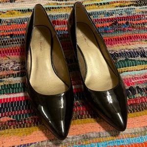 Black patent low wedge heels